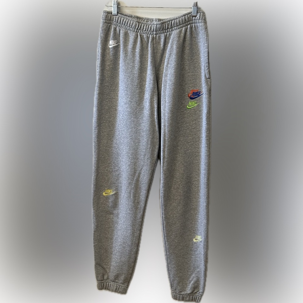 NIKE Stacked Futura Multicolor Swoosh Logo French Terry Joggers Men’s Medium EUC
